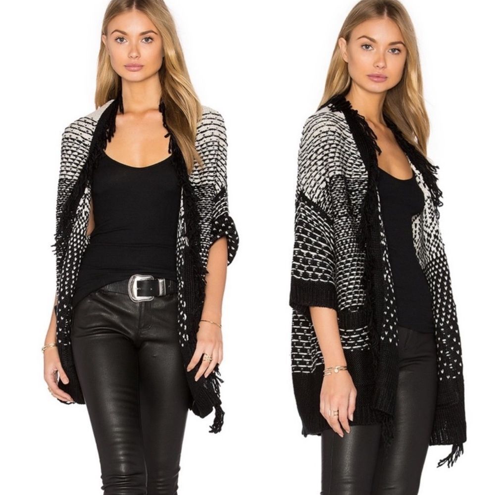 BOEMO REVOLVE Vendome Black & White Fringe Boho Open Draped Cardigan